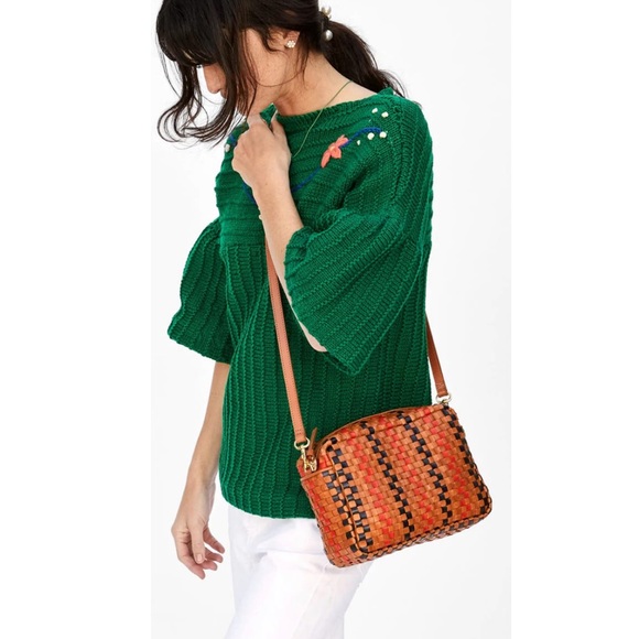 Clare V. Marisol Pinstripe Woven Checker Crossbody Bag NWT Natural Navy Red - Picture 3 of 7